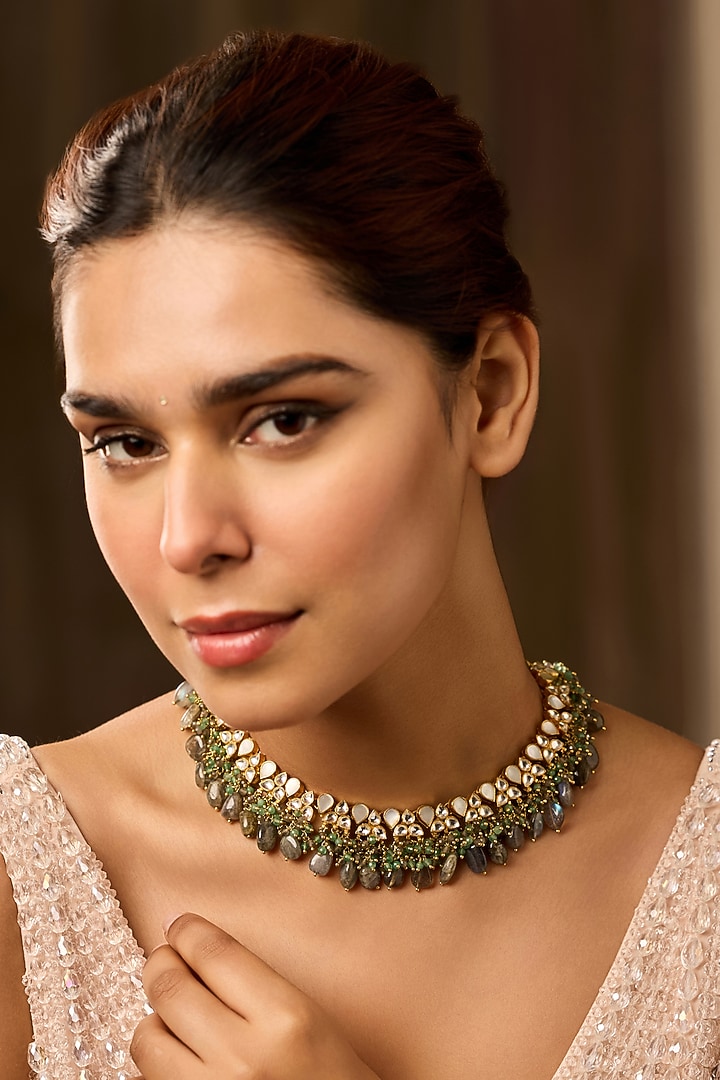 Gold Finish Onyx & Mother Of Pearl Necklace by Paisley Pop at Pernia's Pop Up Shop