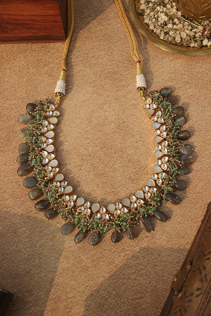 Gold Finish Onyx & Mother Of Pearl Necklace by Paisley Pop at Pernia's Pop Up Shop
