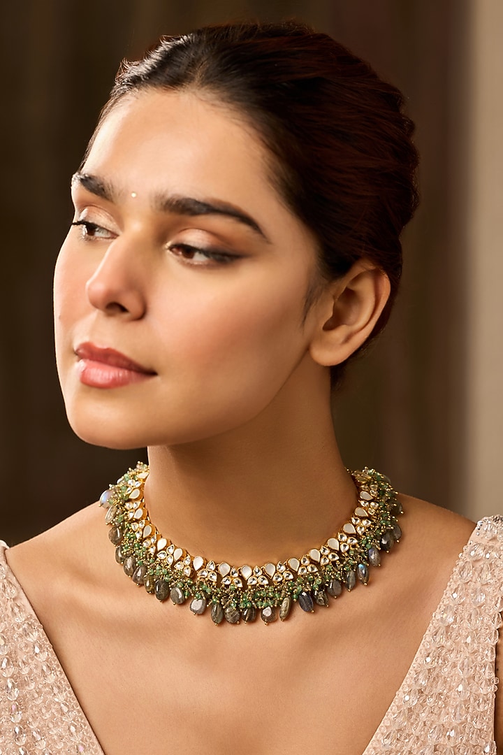 Gold Finish Onyx & Mother Of Pearl Necklace by Paisley Pop at Pernia's Pop Up Shop