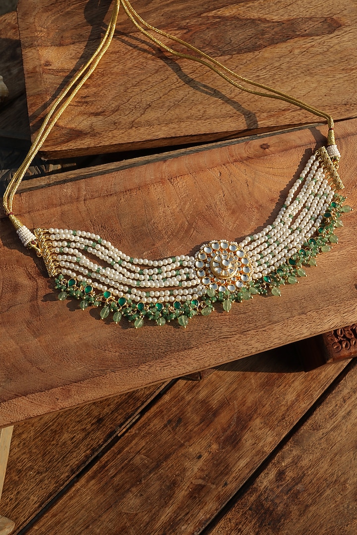 Gold Finish Kundan Polki & Pearl Choker Necklace by Paisley Pop at Pernia's Pop Up Shop