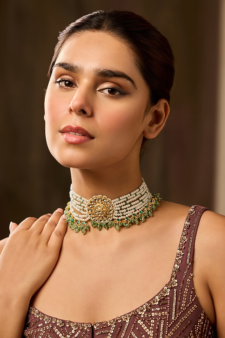 Gold Finish Kundan Polki & Pearl Choker Necklace by Paisley Pop at Pernia's Pop Up Shop