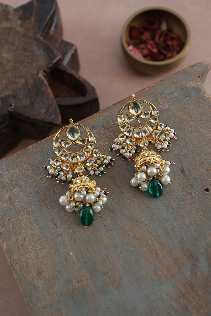 Gold Finish Kundan Polki & Pearl Dangler Earrings by Paisley Pop at Pernia's Pop Up Shop