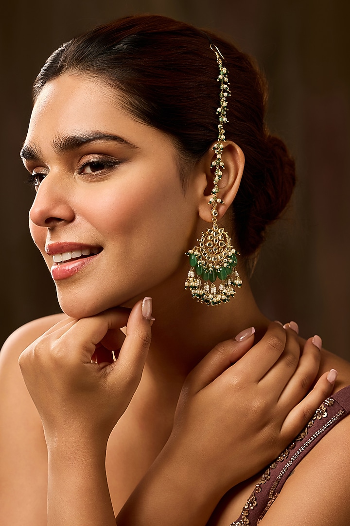 Gold Finish Kundan Polki & Green Natural Stone Dangler Earrings by Paisley Pop at Pernia's Pop Up Shop