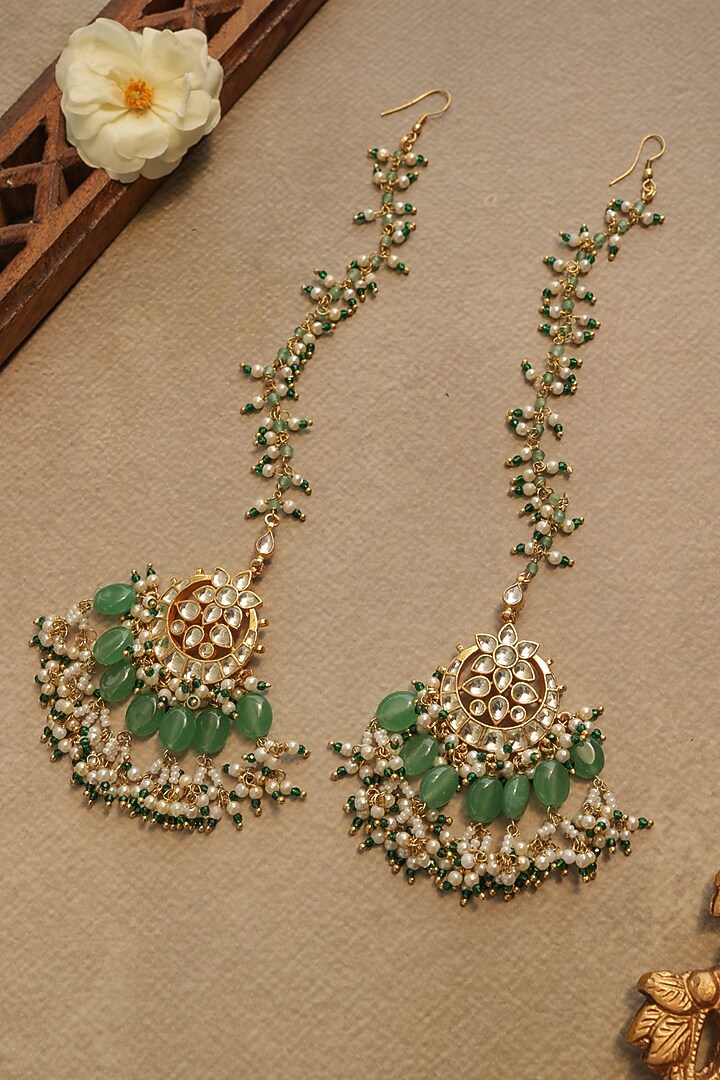 Gold Finish Kundan Polki & Green Natural Stone Dangler Earrings by Paisley Pop at Pernia's Pop Up Shop