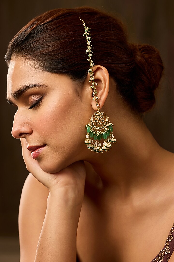 Gold Finish Kundan Polki & Green Natural Stone Dangler Earrings by Paisley Pop at Pernia's Pop Up Shop