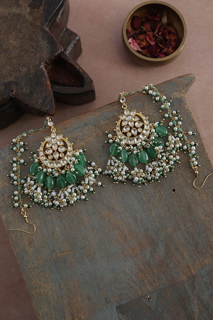 Gold Finish Kundan Polki & Green Natural Stone Dangler Earrings by Paisley Pop at Pernia's Pop Up Shop