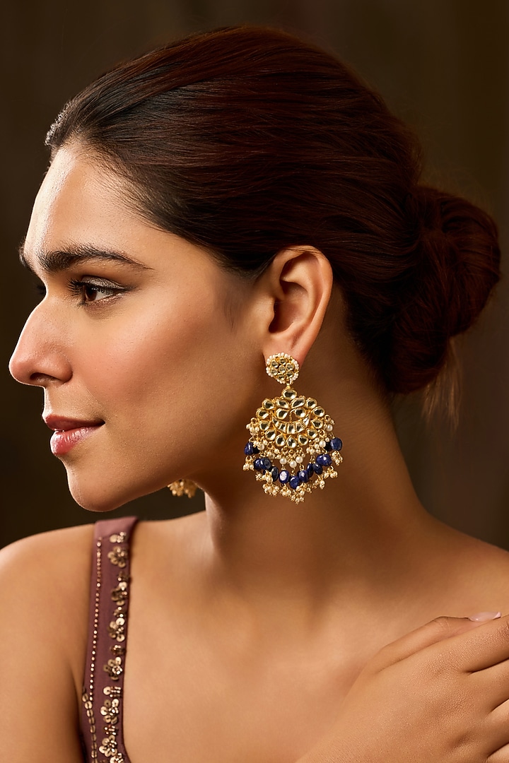 Gold Finish Kundan Polki & Blue Lapis Lazuli Dangler Earrings by Paisley Pop at Pernia's Pop Up Shop