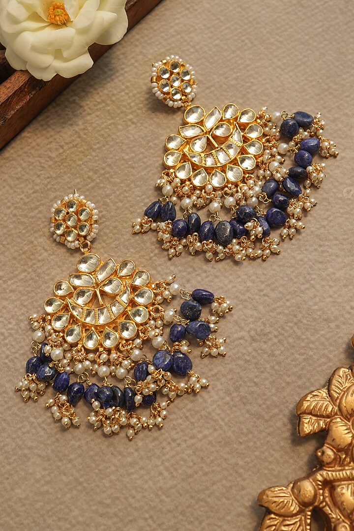Gold Finish Kundan Polki & Blue Lapis Lazuli Dangler Earrings by Paisley Pop at Pernia's Pop Up Shop