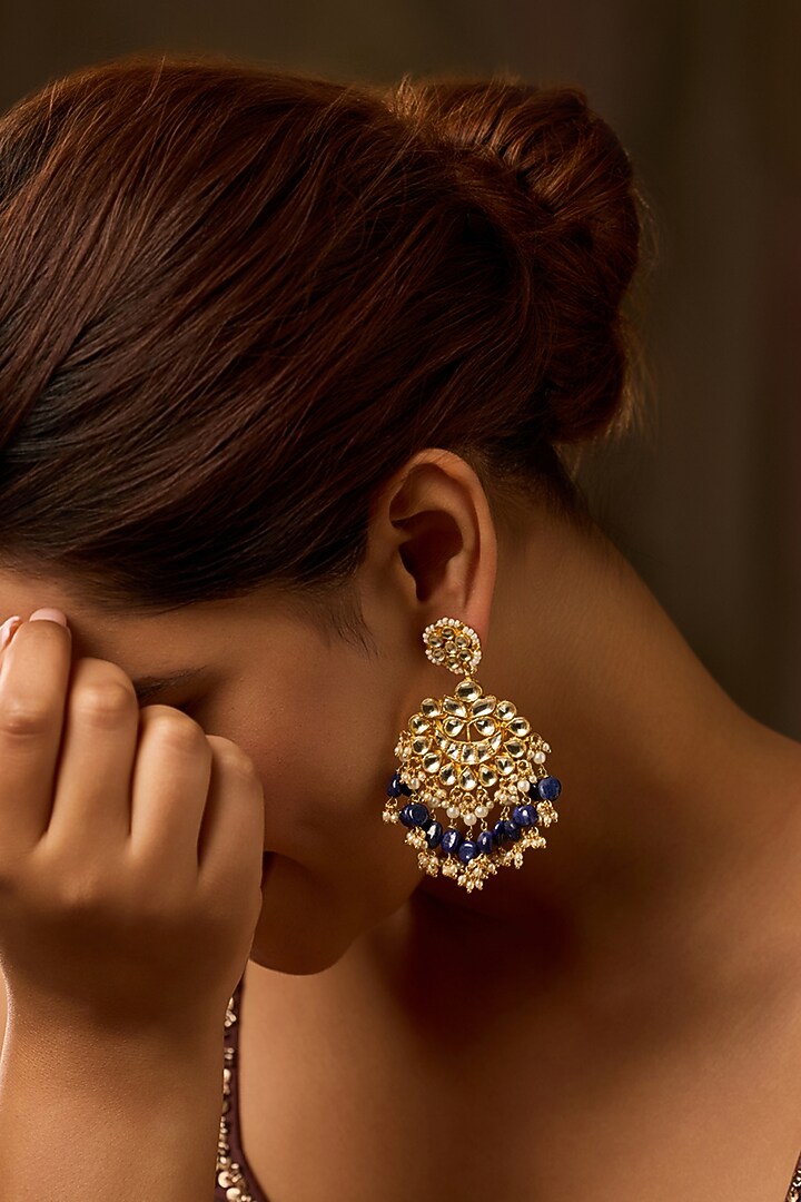 Gold Finish Kundan Polki & Blue Lapis Lazuli Dangler Earrings by Paisley Pop at Pernia's Pop Up Shop