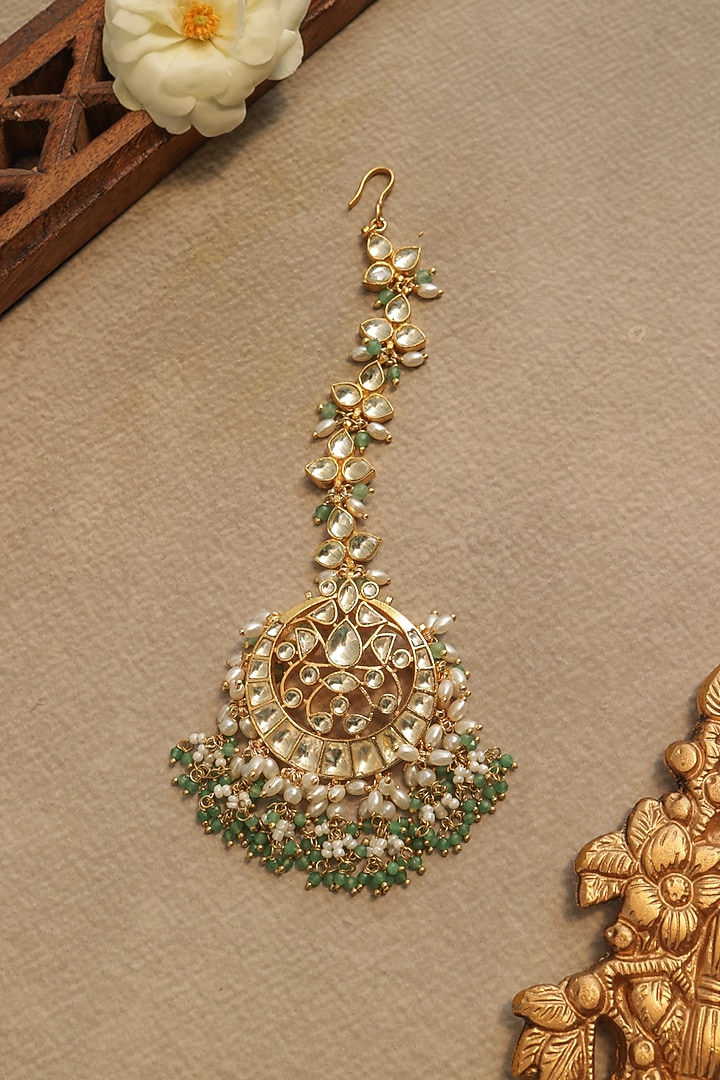 Gold Finish Kundan Polki & Rice Pearl Maangtikka by Paisley Pop at Pernia's Pop Up Shop