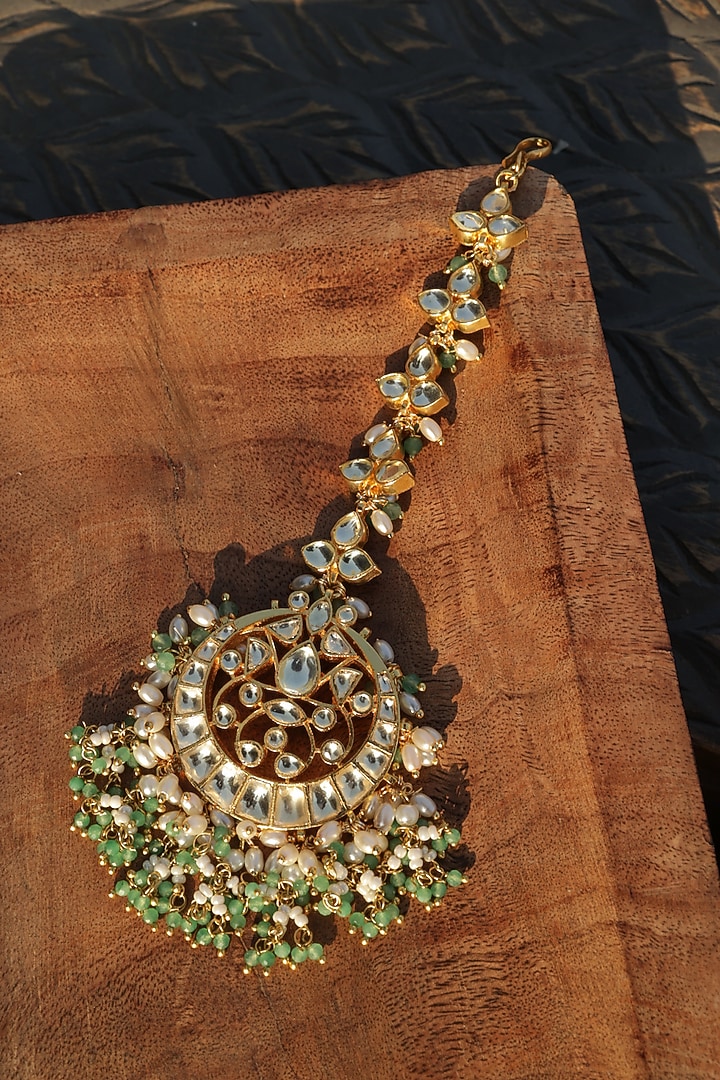 Gold Finish Kundan Polki & Rice Pearl Maangtikka by Paisley Pop at Pernia's Pop Up Shop