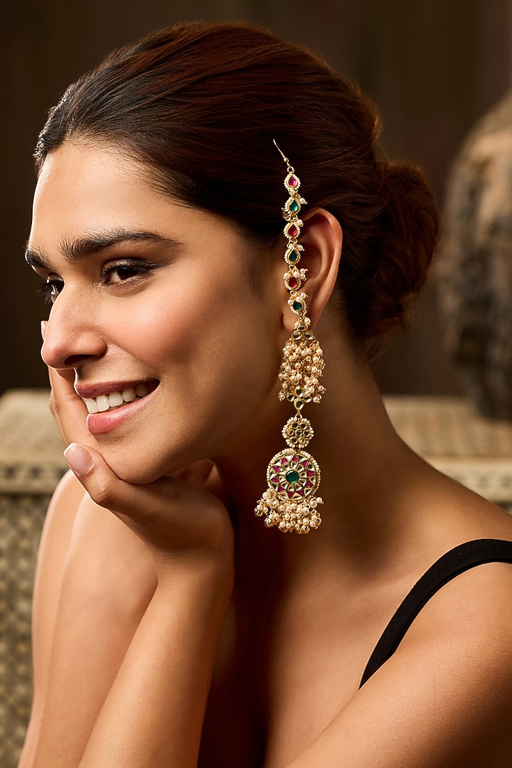 Gold Finish Kundan Polki & Pearl Dangler Earrings by Paisley Pop at Pernia's Pop Up Shop