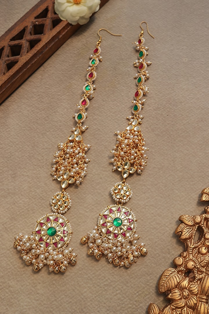 Gold Finish Kundan Polki & Pearl Dangler Earrings by Paisley Pop at Pernia's Pop Up Shop