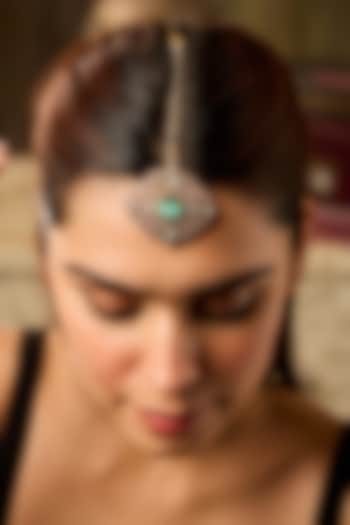 Gold Finish Mint Stone & Pearl Maangtikka by Paisley Pop at Pernia's Pop Up Shop