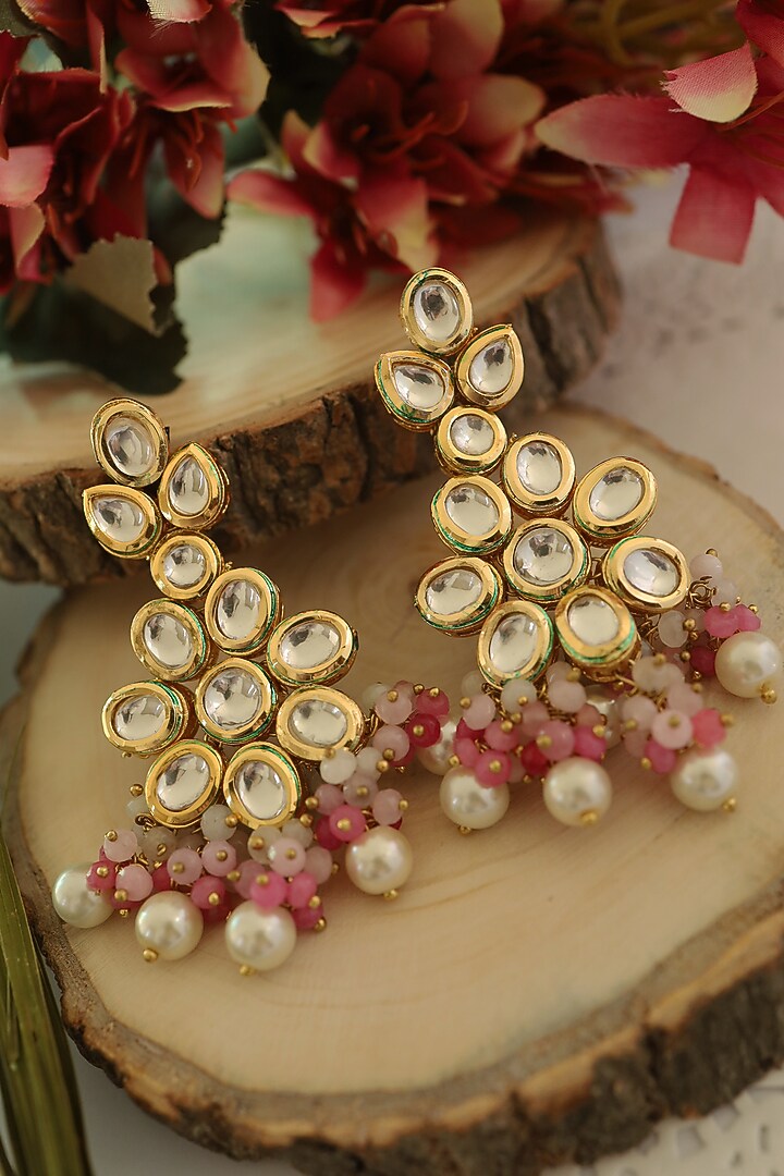Gold Finish Pink Stones Earrings by Paisley Pop at Pernia's Pop Up Shop