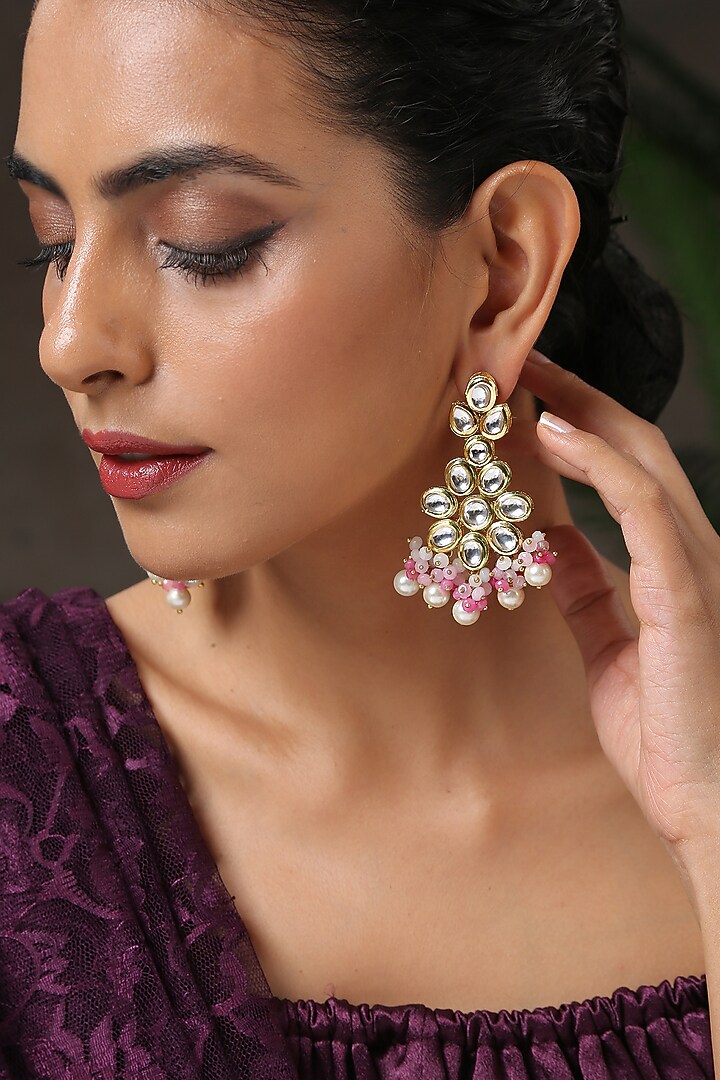 Gold Finish Pink Stones Earrings by Paisley Pop at Pernia's Pop Up Shop
