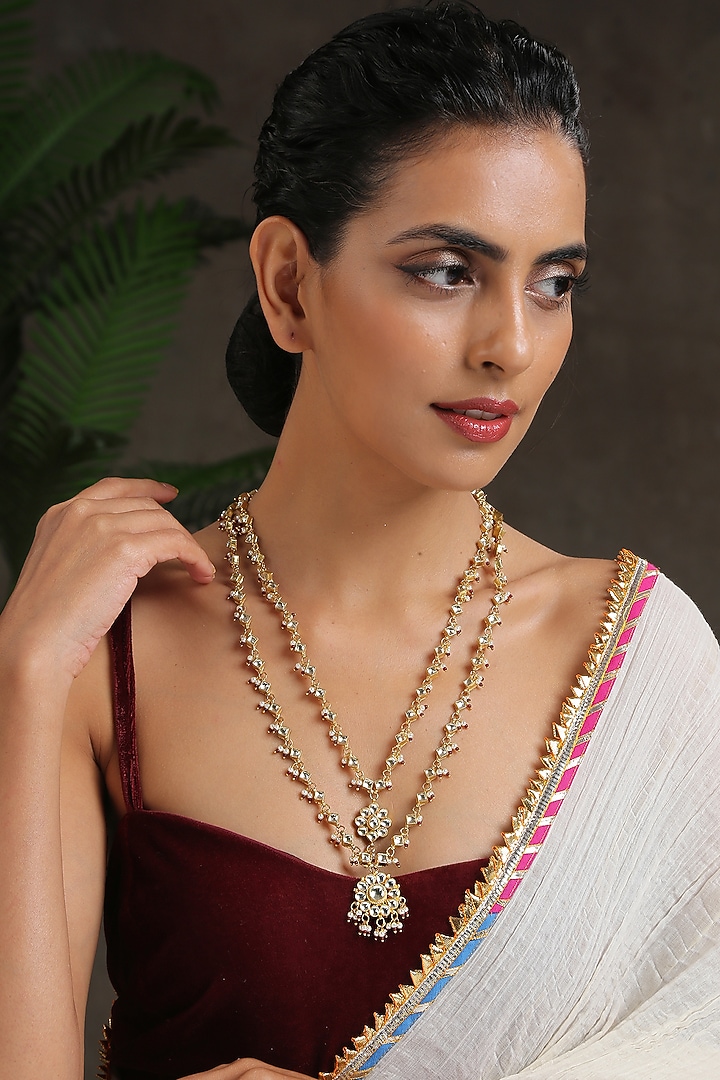 Gold Finish Kundan Polki Necklace by Paisley Pop at Pernia's Pop Up Shop
