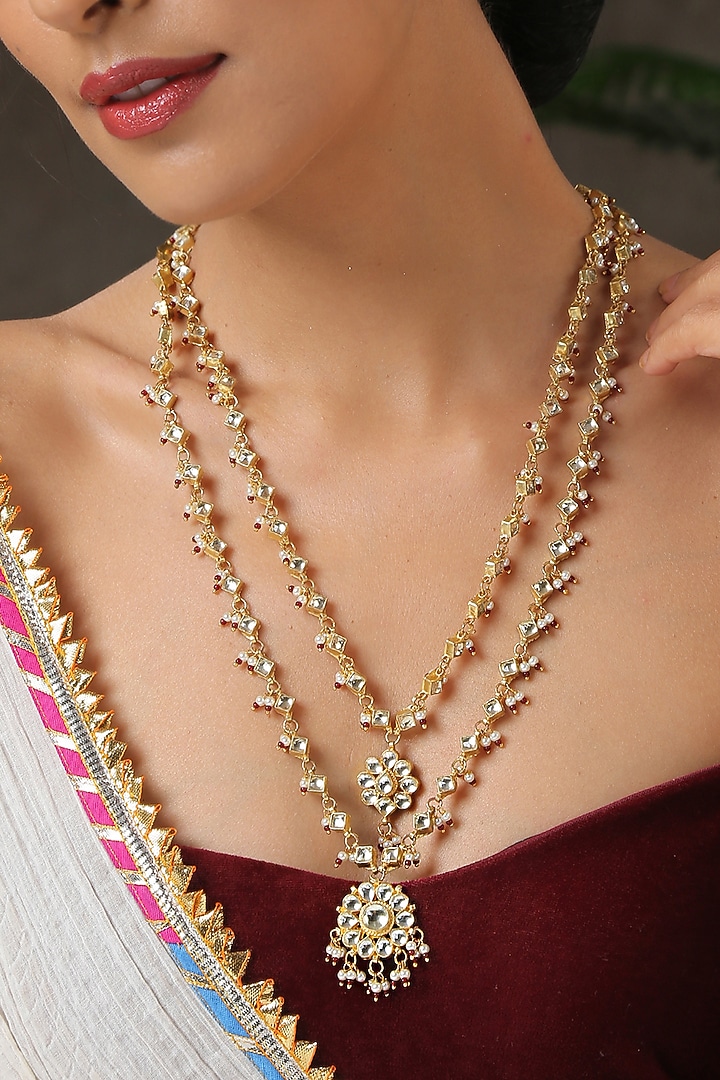 Gold Finish Kundan Polki Necklace by Paisley Pop at Pernia's Pop Up Shop