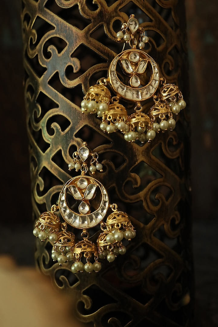 Gold Plated Shell Pearls Chandbali Earrings by Paisley Pop at Pernia's Pop Up Shop
