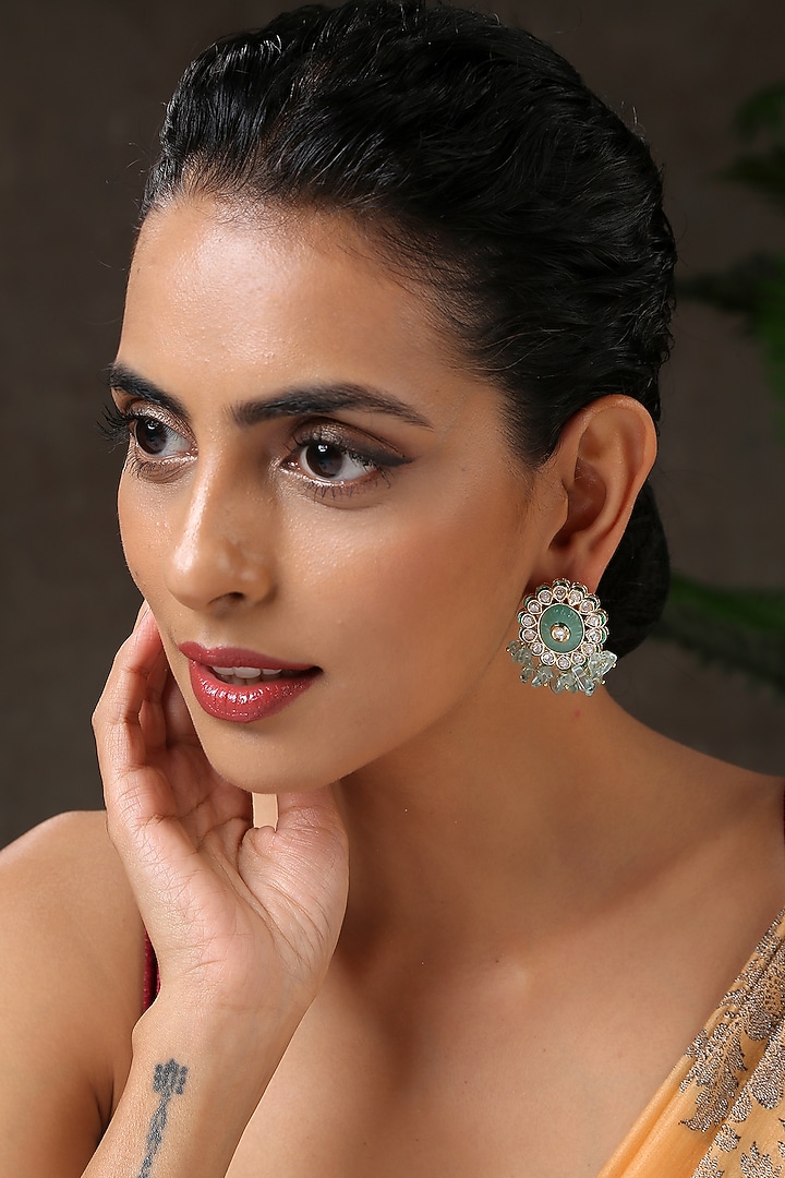 Gold Finish Mint Stone Stud Earrings by Paisley Pop at Pernia's Pop Up Shop