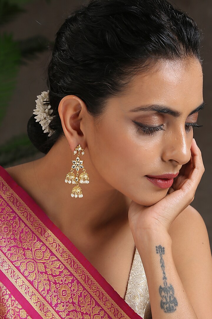 Gold Finish Kundan Polki Earrings by Paisley Pop at Pernia's Pop Up Shop
