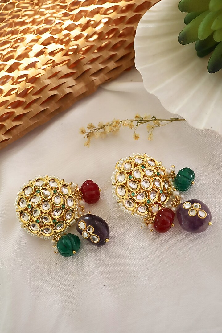 Gold Plated Semi Precious Stones Stud Earrings by Paisley Pop at Pernia's Pop Up Shop