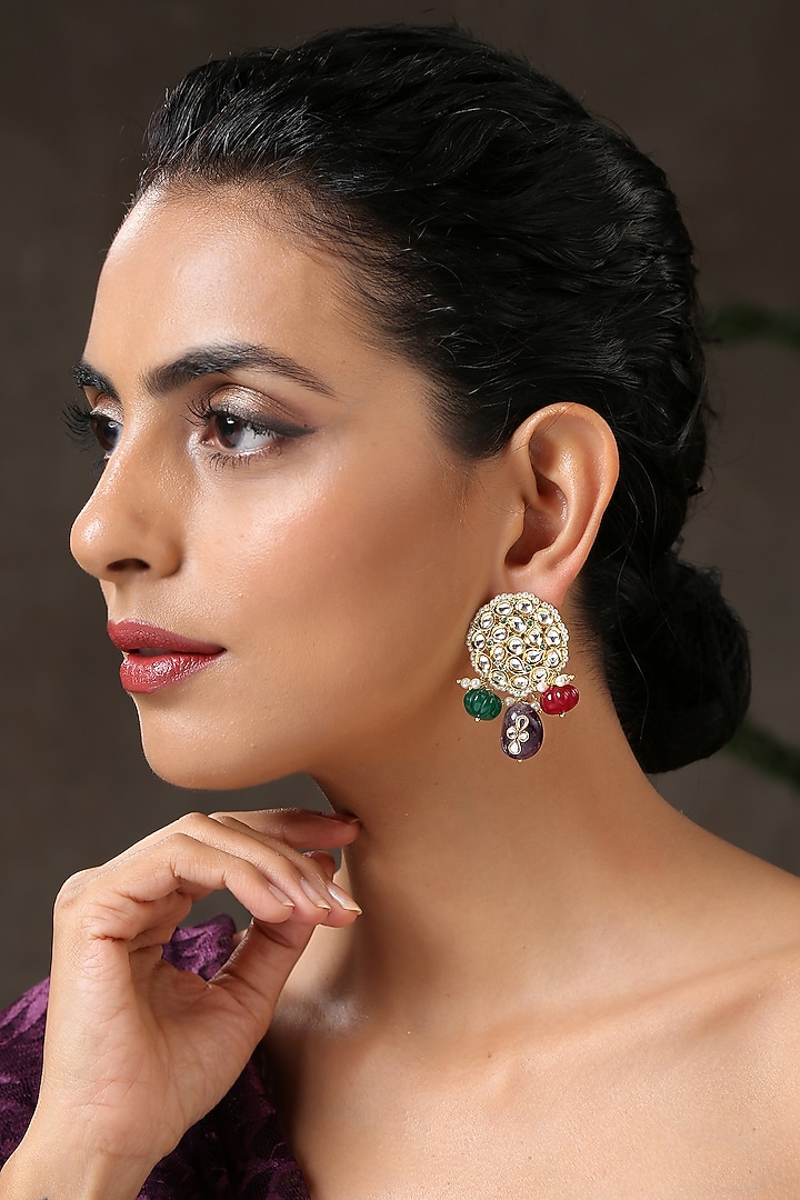 Gold Plated Semi Precious Stones Stud Earrings by Paisley Pop at Pernia's Pop Up Shop