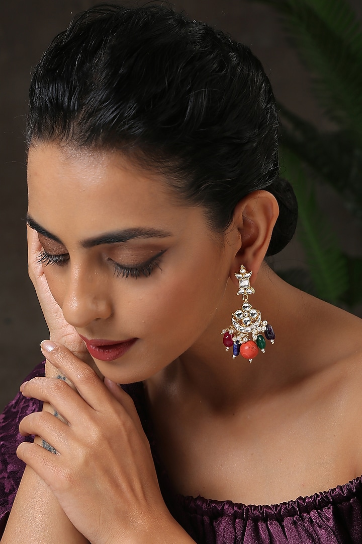 Gold Plated Kundan Polki Chandbali Earrings by Paisley Pop at Pernia's Pop Up Shop