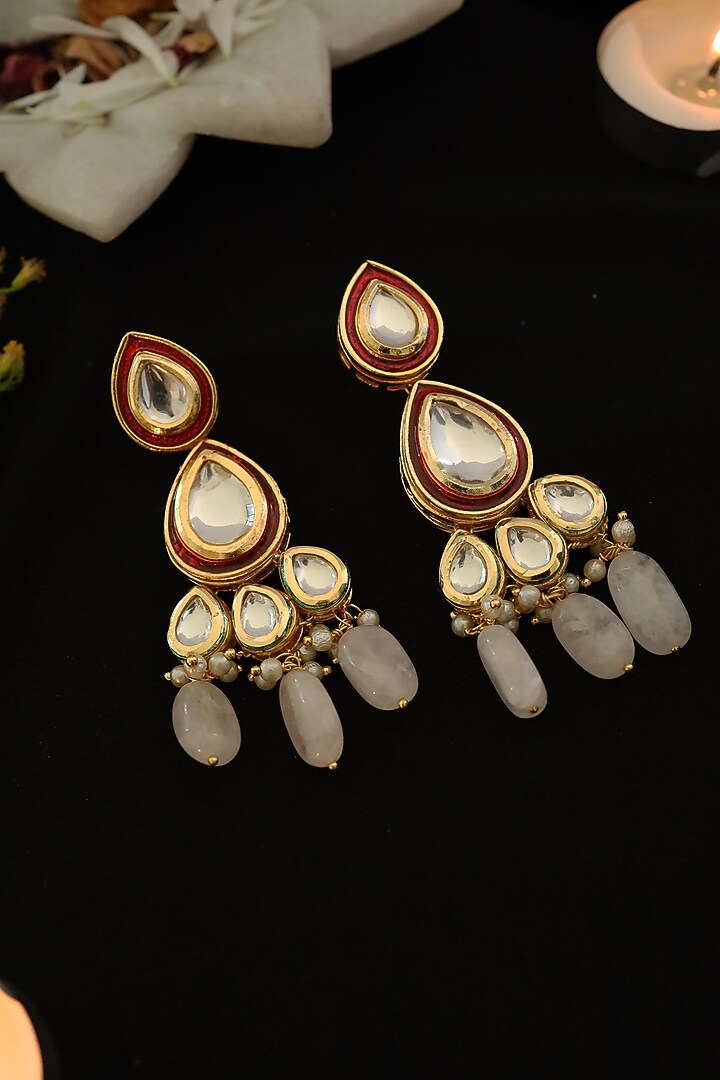Gold Finish Pink Stones Enameled Earrings by Paisley Pop at Pernia's Pop Up Shop