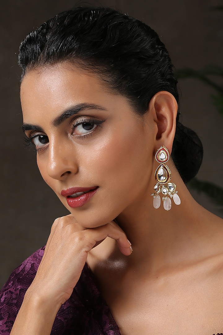 Gold Finish Pink Stones Enameled Earrings by Paisley Pop at Pernia's Pop Up Shop