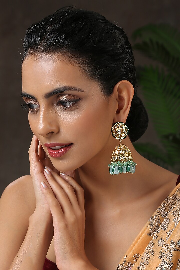 Gold Finish Kundan Polki Jhumka Earrings by Paisley Pop at Pernia's Pop Up Shop