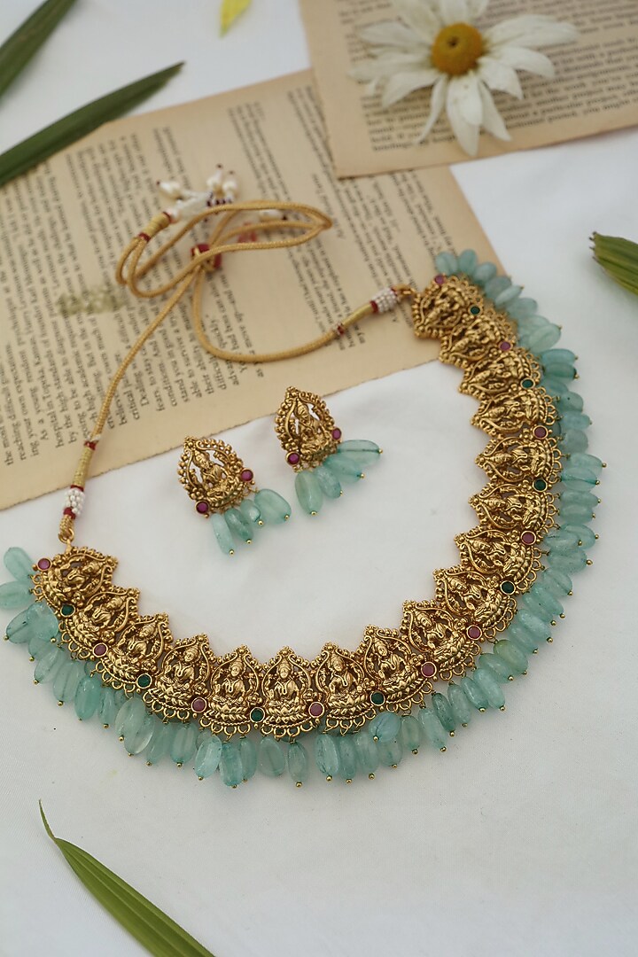 Gold Finish Mint Stones Necklace Set by Paisley Pop at Pernia's Pop Up Shop