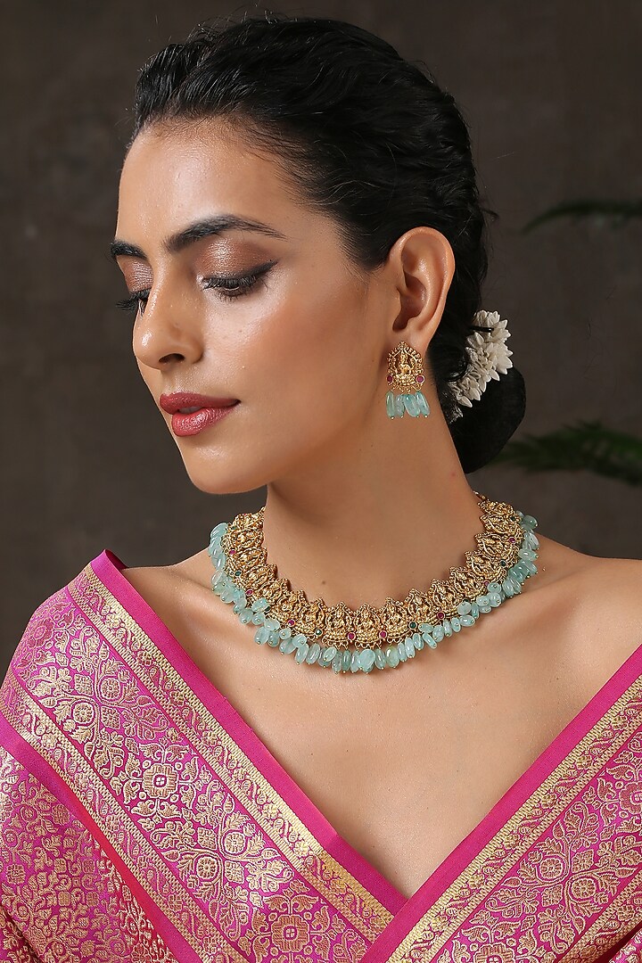 Gold Finish Mint Stones Necklace Set by Paisley Pop at Pernia's Pop Up Shop