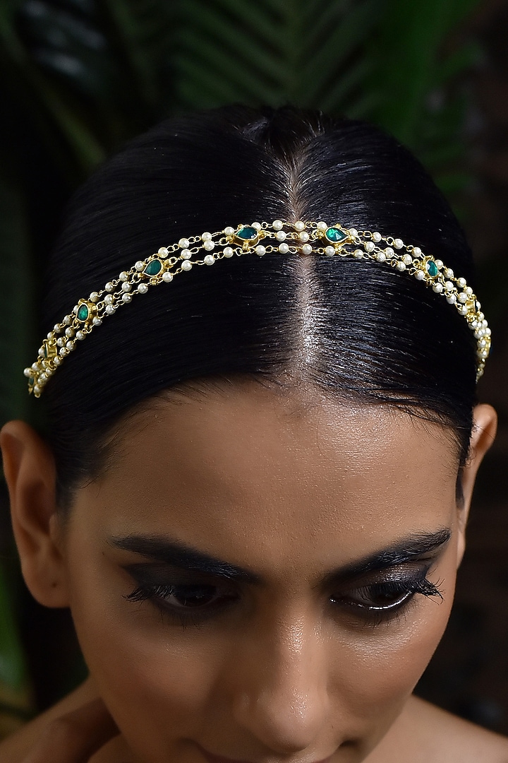 Gold Finish Pearls & Kundan Headband by Paisley Pop at Pernia's Pop Up Shop