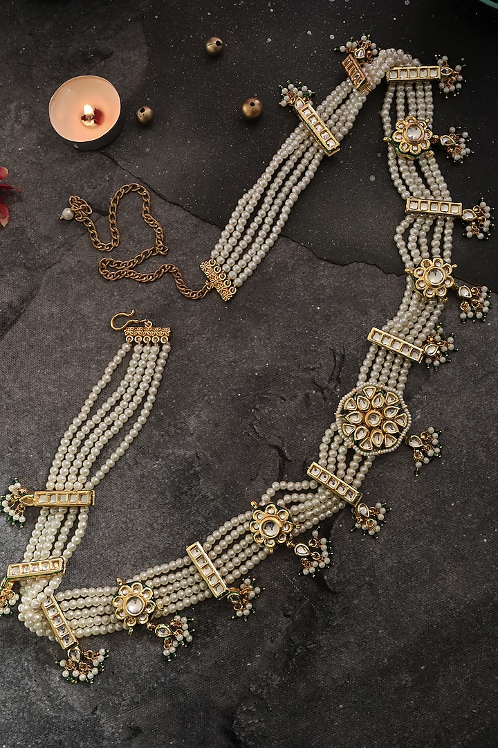 Gold Finish Kundan Polki & Pearls Waist Belt by Paisley Pop at Pernia's Pop Up Shop
