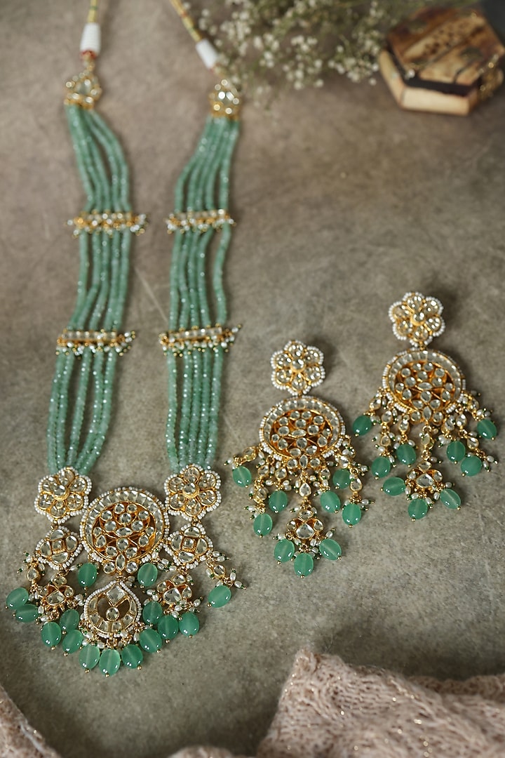 Gold Plated Kundan Polki & Mint Onyx Necklace Set by Paisley Pop at Pernia's Pop Up Shop