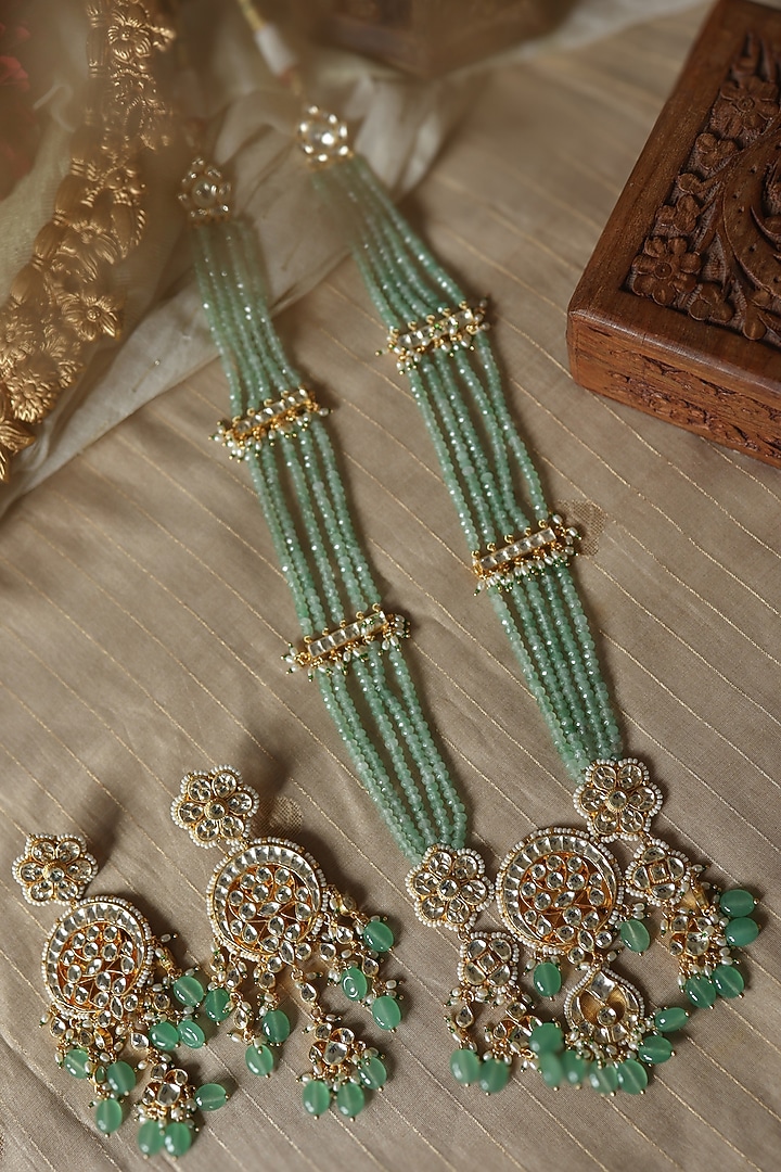 Gold Plated Kundan Polki & Mint Onyx Necklace Set by Paisley Pop at Pernia's Pop Up Shop