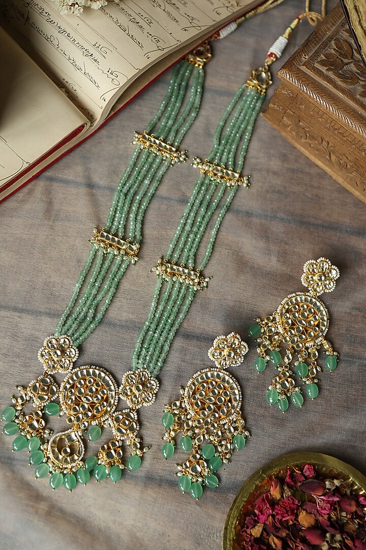 Gold Plated Kundan Polki & Mint Onyx Necklace Set by Paisley Pop at Pernia's Pop Up Shop