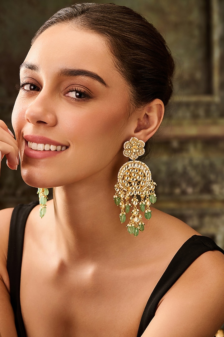 Gold Plated Kundan Polki & Mint Fluorite Floral Earrings by Paisley Pop at Pernia's Pop Up Shop