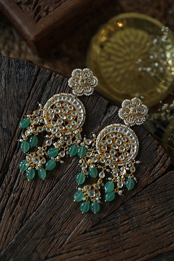 Gold Plated Kundan Polki & Mint Fluorite Floral Earrings by Paisley Pop at Pernia's Pop Up Shop