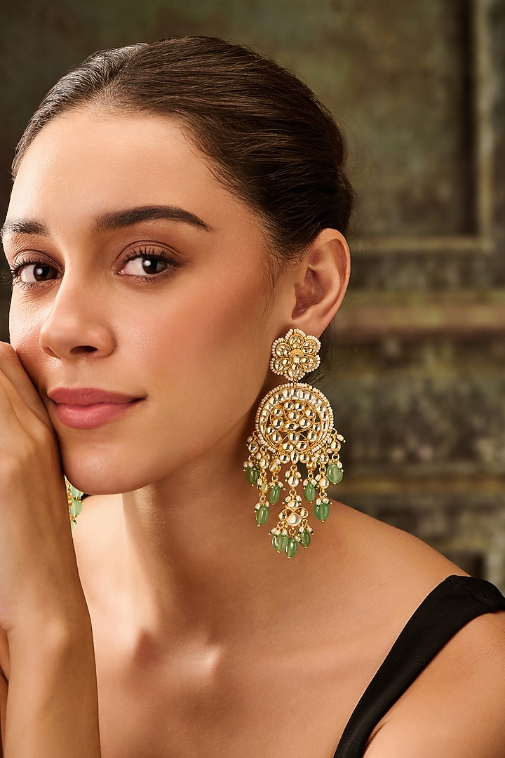 Gold Plated Kundan Polki & Mint Fluorite Floral Earrings by Paisley Pop at Pernia's Pop Up Shop