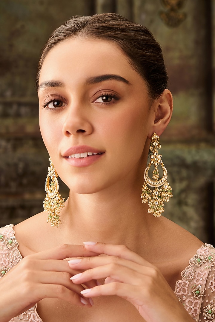 Gold Plated Kundan Polki & Mint Onyx Floral Earrings by Paisley Pop at Pernia's Pop Up Shop