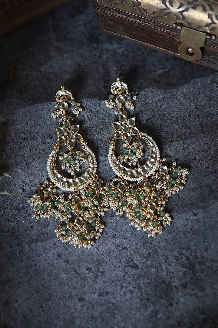 Gold Plated Kundan Polki & Mint Onyx Floral Earrings by Paisley Pop at Pernia's Pop Up Shop