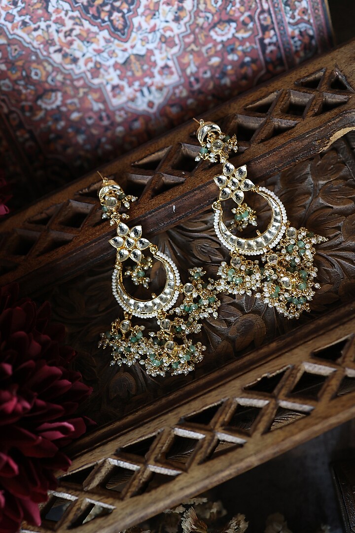 Gold Plated Kundan Polki & Mint Onyx Floral Earrings by Paisley Pop at Pernia's Pop Up Shop