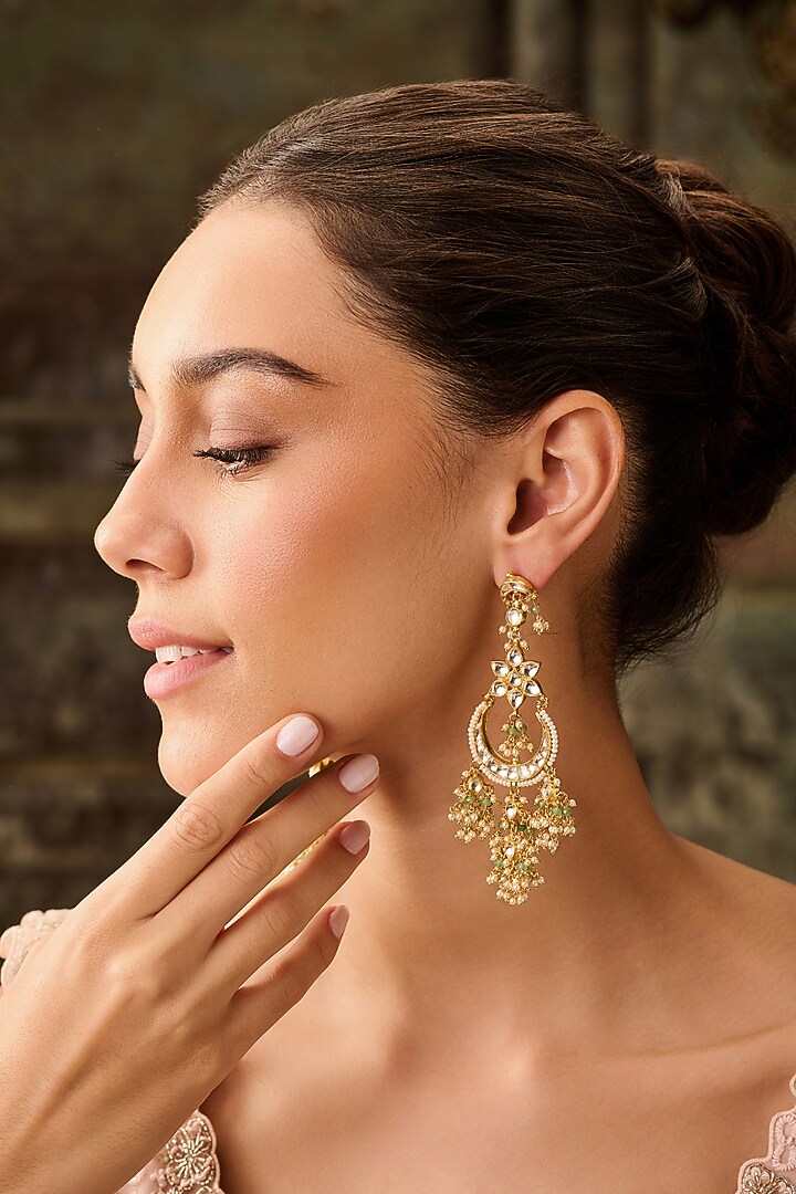 Gold Plated Kundan Polki & Mint Onyx Floral Earrings by Paisley Pop at Pernia's Pop Up Shop