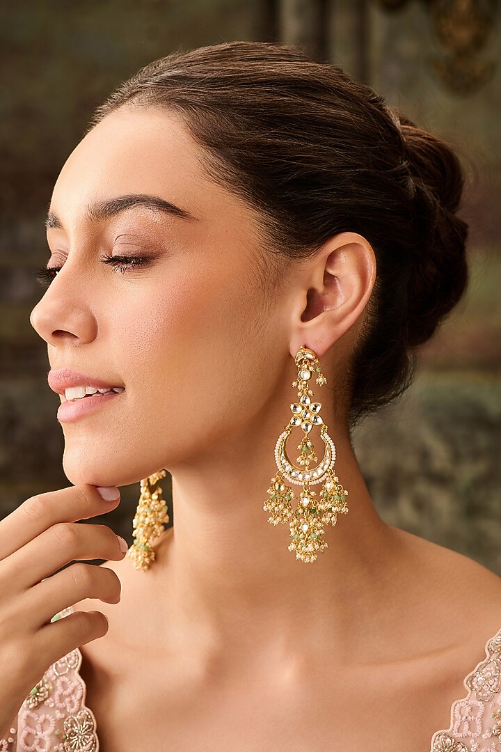 Gold Plated Kundan Polki & Mint Onyx Floral Earrings by Paisley Pop at Pernia's Pop Up Shop