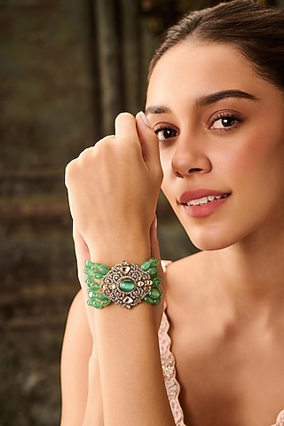 Gold Plated Kundan Polki & Green Onyx Bracelet by Paisley Pop