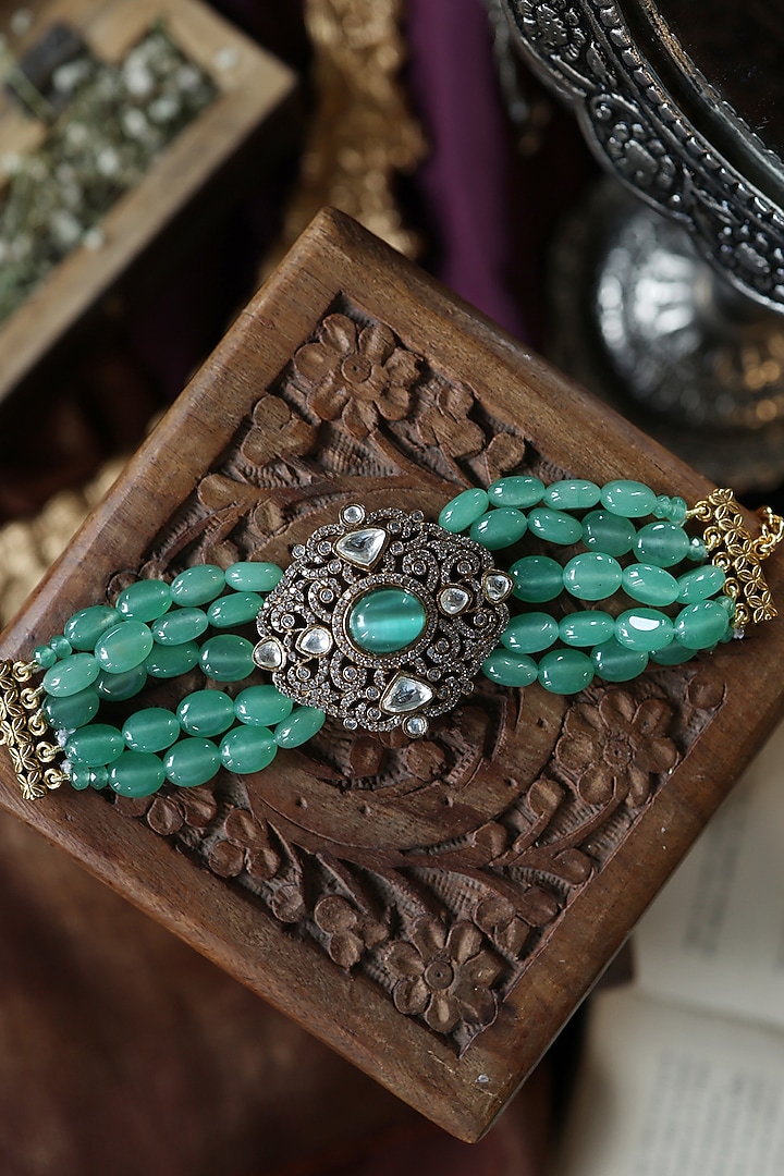 Gold Plated Kundan Polki & Green Onyx Bracelet by Paisley Pop at Pernia's Pop Up Shop