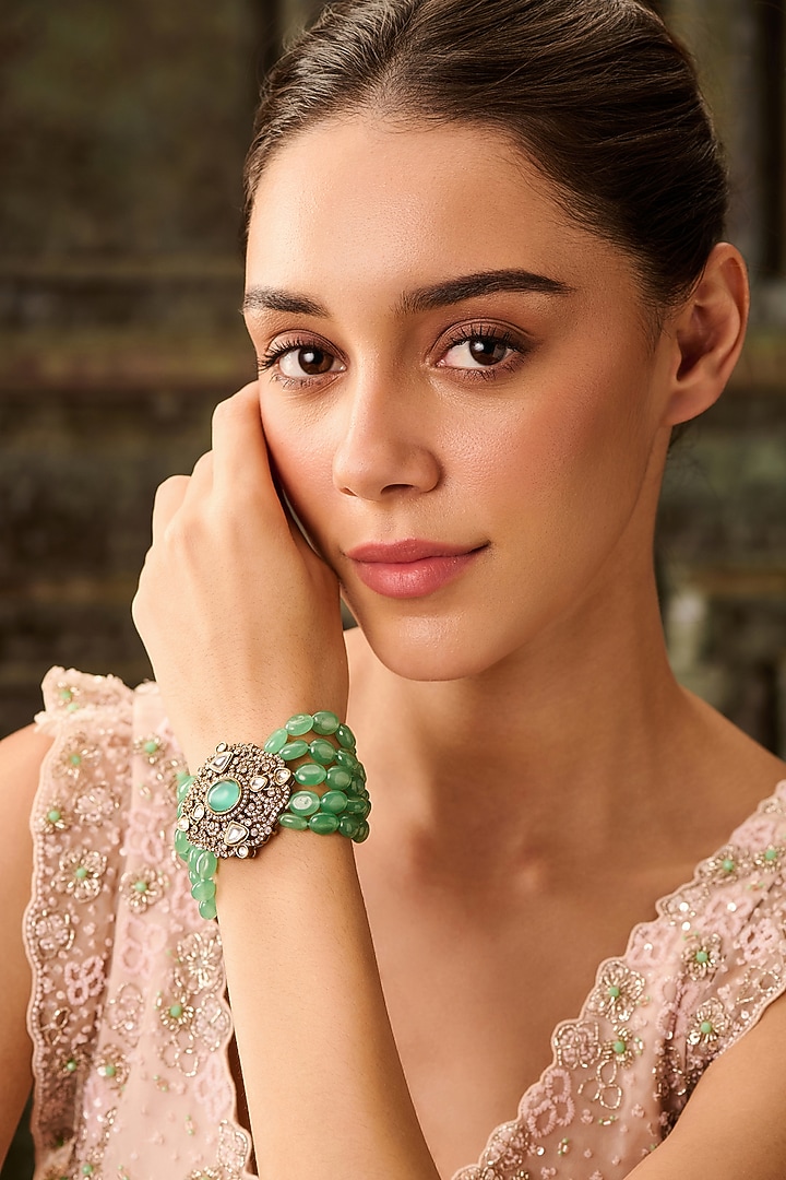Gold Plated Kundan Polki & Green Onyx Bracelet by Paisley Pop at Pernia's Pop Up Shop