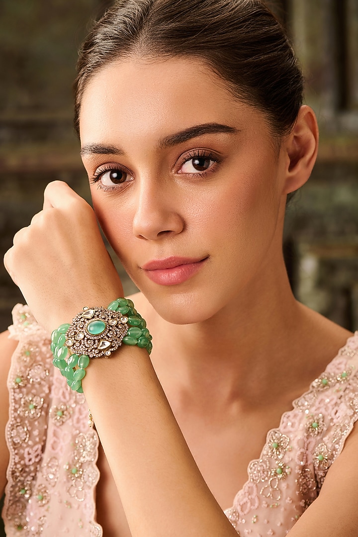 Gold Plated Kundan Polki & Green Onyx Bracelet by Paisley Pop at Pernia's Pop Up Shop
